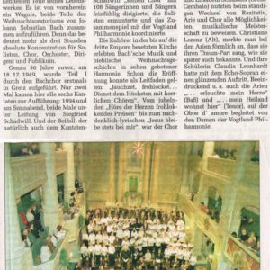Zeitungsartikel zum letzten Konzert des Kantors Schadwill: Das vollständige Weihnachtsoratorium (Kantaten 1-6) im Dezember 1999