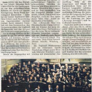 Zeitungsartikel zur Aufführung von Bachs Johannespassion unter der Leitung von Kantor Grünert